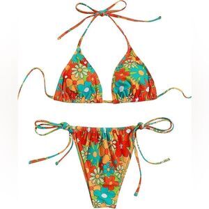 Women's Floral Colorful Groovy Two Piece Bikini Set Size Small